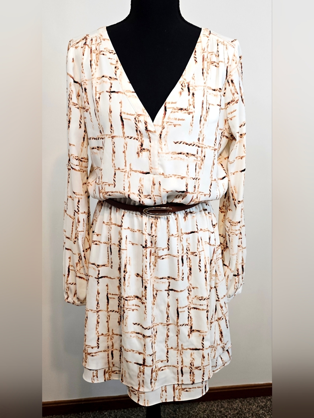 White House Black Market Cream Brown Print Dress Belted LongSleeve Western boho